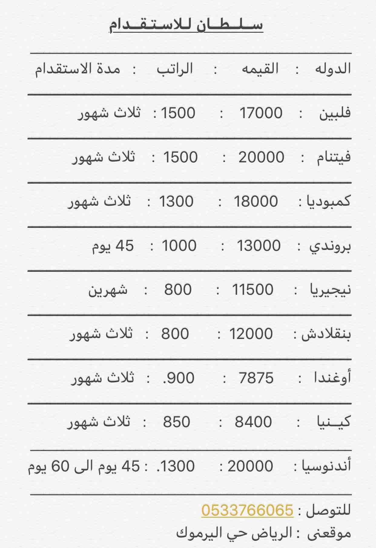 يوجد لدي استقدام من جميع الدول المصرحه من مكتب العمل باسعار مختلفه ومتنوعه ومكتبي في الرياض حي اليرموك ومكتبي معتمد في مكتب العمل ومدة الاستقدام لدي سريعه المده ومنجزه بحول الله والاخوان والاخوات الذي...